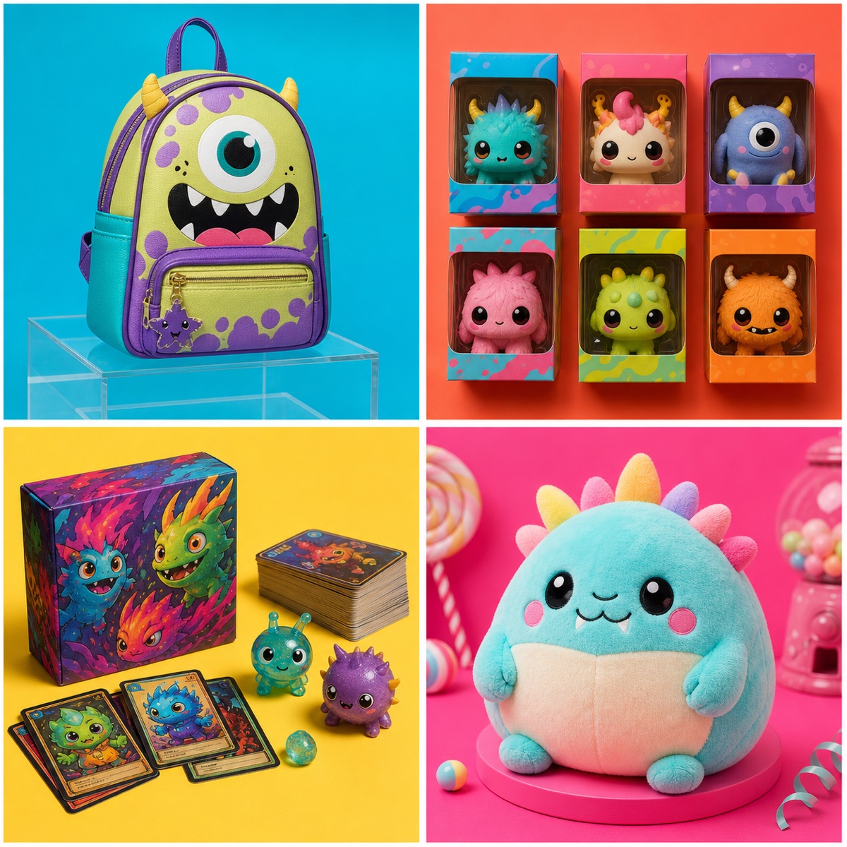 Colorful backpacks, collectible figures, cards, and plush toys